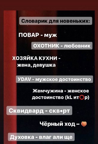 ПОВАР муж ОХОТНИК любовник ХОЗЯЙКА КУХНИ жена, девушка YDAV мужское достоинство Жемчужина женское достоинство Сквидвард CKBepT Чёрный ход Духовка влагалище