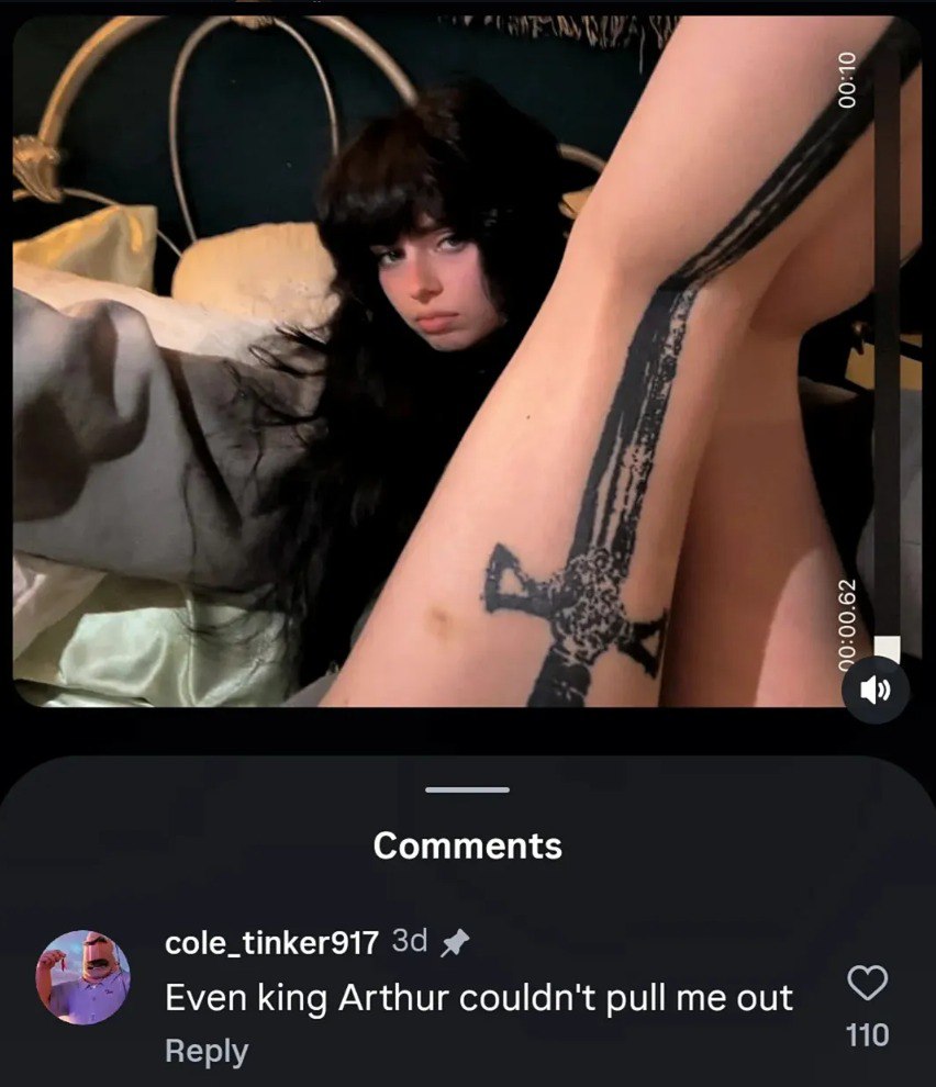 Comments cole_tinker917 2 Even king Arthur couldn't pull me out 10 Reply
