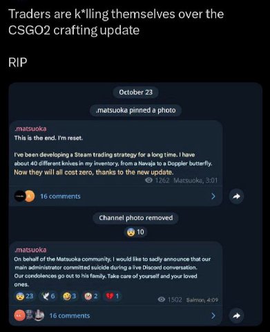 Traders are themselves over the CSGO2 crafting update October 23 -matsuoka pinned a photo This is the end. reset. I've been developing a Steam trading strategy for along time. have about 40 different 