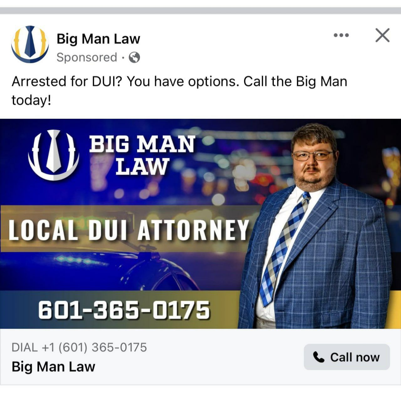 Big Man Law Sponsored Arrested for DUI? You have options. Call the Big Man today! BIG MAN РТАМГ*, 6 LOCAL DUI ATTORNEY #7 601-365-0175 DIAL +1 (601) 365-0175 Big Man Law