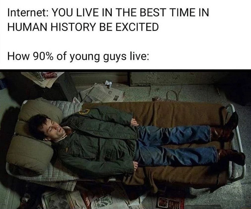Internet: YOU LIVE IN THE BEST TIME IN HUMAN HISTORY BE EXCITED How 90% of young guys live: