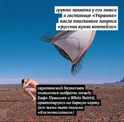 группа захвата уего люкса в гостинице «Украина» после поискового запроса «русская кухня коктейли» саратовский бизнесмен пытается выбрать между Кафе Пушкинъ и White Rabbit, ориентируясь на барную карту