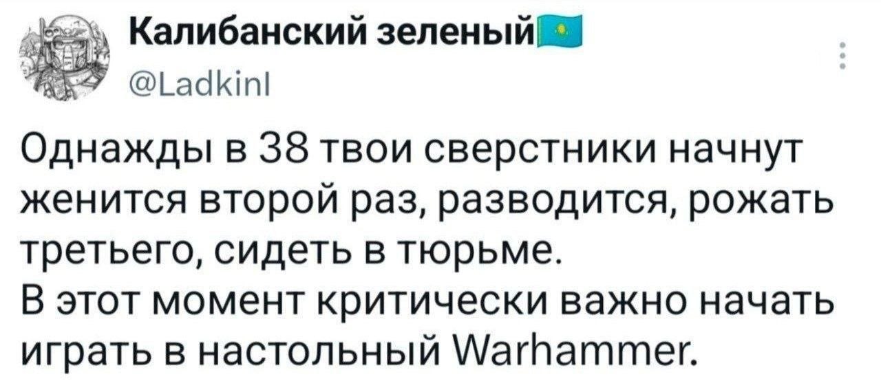 Калибанский @Ladkinl Однажды в 38 твои сверстники начнут женится второй раз, разводится, рожать третьего, сидеть в тюрьме В этот момент критически важно начать играть в настольный Warhammer