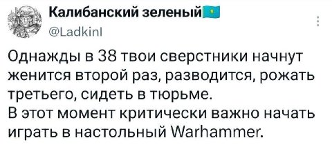 Калибанский @Ladkinl Однажды в 38 твои сверстники начнут женится второй раз, разводится, рожать третьего, сидеть в тюрьме В этот момент критически важно начать играть в настольный Warhammer
