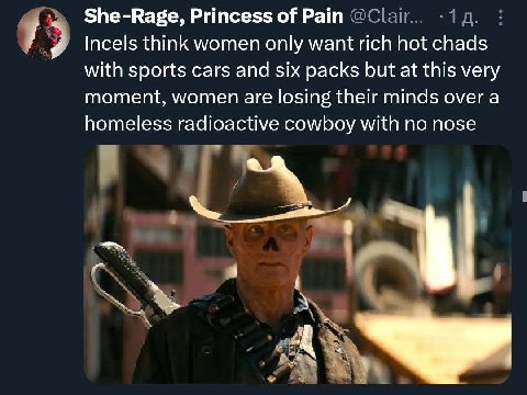 Princess of Pain Incels think women only want rich hot chads with sports cars and six packs but at this very moment, women are losing their minds over a homeless radioactive cowboy with no nose