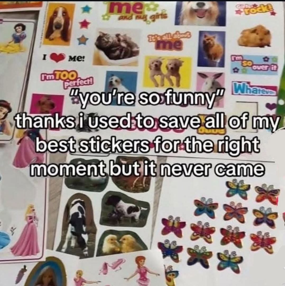 “you re:so funny thanks i all: of my stickers momentibut it never Came)