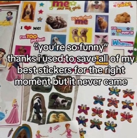 “you re:so funny thanks i all: of my stickers momentibut it never Came)