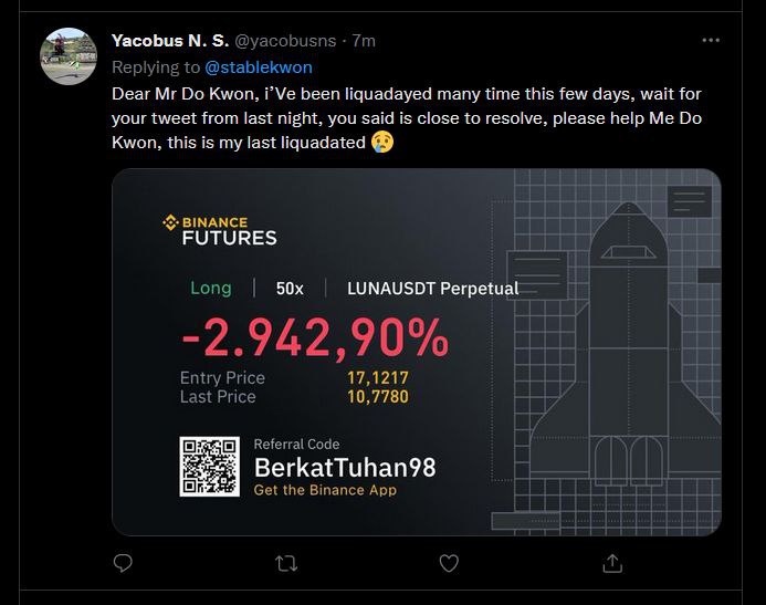 Dear Kwon, been liquadayed many time this few days, wait for your tweet from last night, you said is close to resolve, please help Me Kwon, this is my last liquadated ВЕМАМСЕ FUTURES LUNAUSDT Perpetua