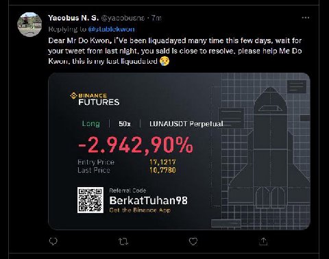 Dear Kwon, been liquadayed many time this few days, wait for your tweet from last night, you said is close to resolve, please help Me Kwon, this is my last liquadated ВЕМАМСЕ FUTURES LUNAUSDT Perpetua