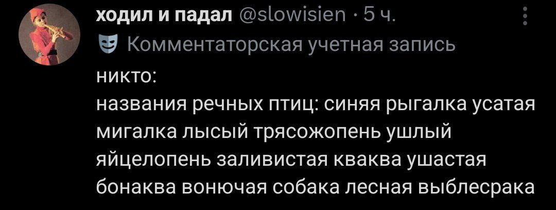 ходил и падал Я Комментаторская учетная запись НИКТО: названия речных птиц: синяя рыгалка усатая мигалка лысый трясожопень ушлый яйцелопень заливистая кваква ушастая бонаква вонючая собака лесная выбл