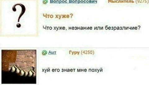 вопрос вопросович мыслитель (52/5) Что хуже? Что хуже, незнание или безразличие? Гуру (4250) хуй его знает мне похуй