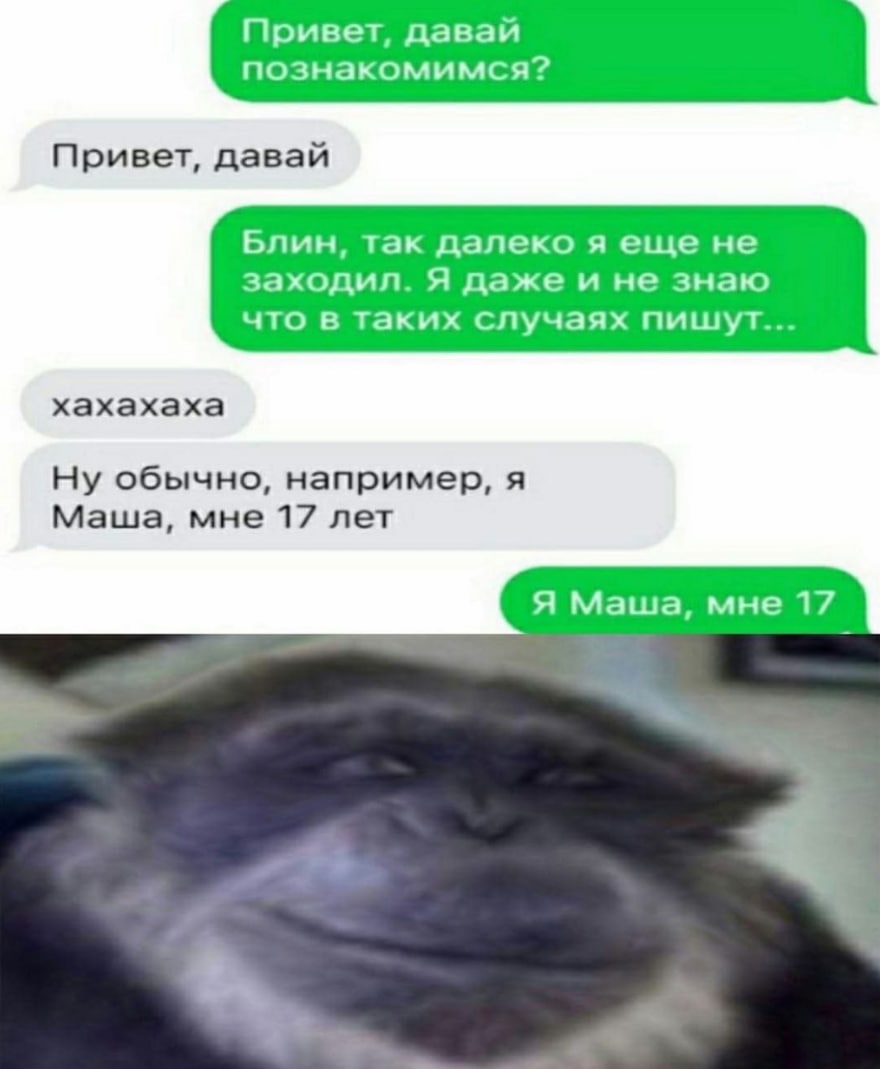 Привет, давай познакомимся? Привет, давай Блин, так далеко яеще не заходил. Я даже и не знаю что в таких случаях пишут... хахахаха Ну обычно, например, я Маша, мне 17 лет Я Маша, мне 17