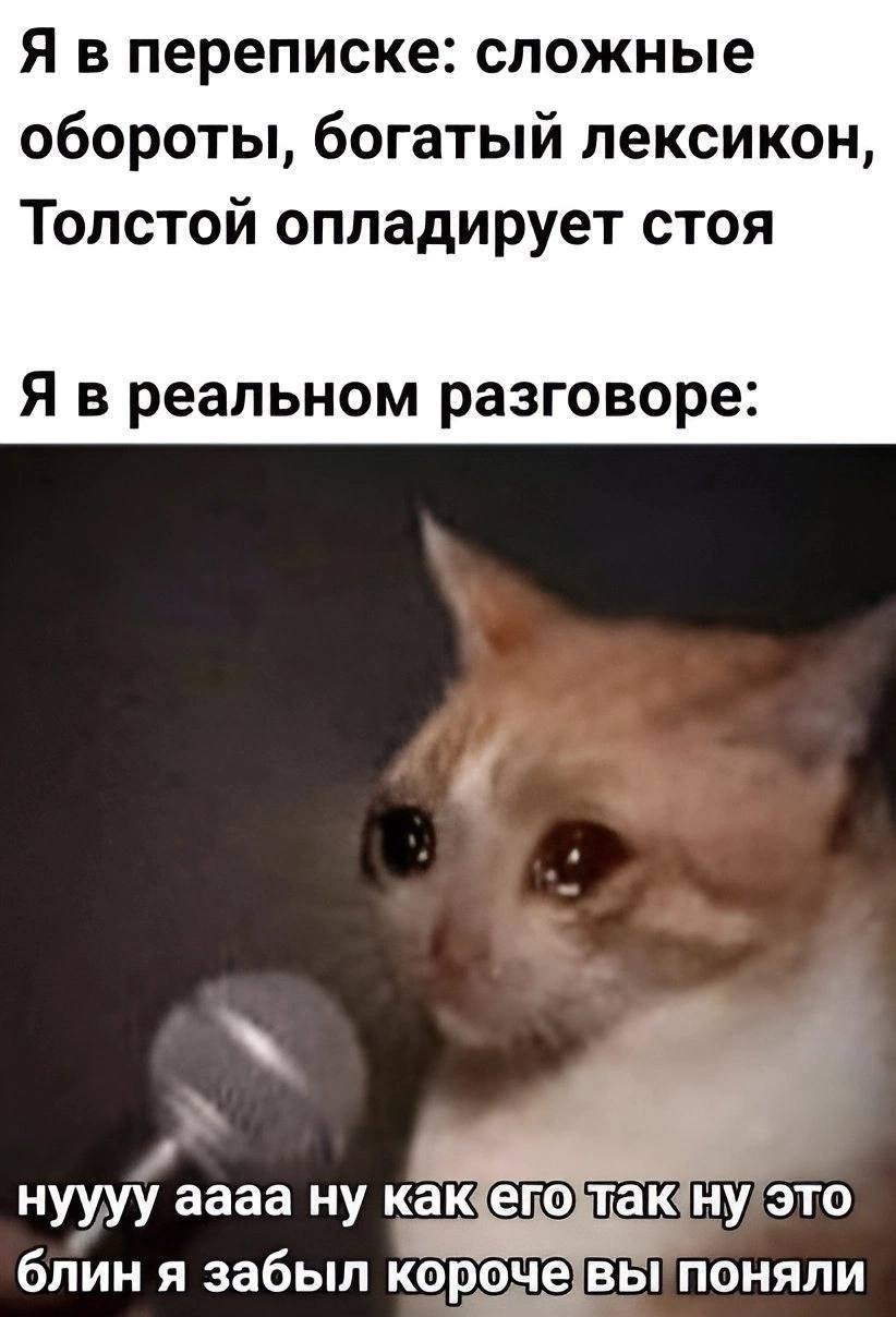 Я в переписке: сложные обороты, богатый лексикон Толстой опладирует стоя Я в реальном разговоре нуууу yaaaa каюе Suv) блин я забыл поняли