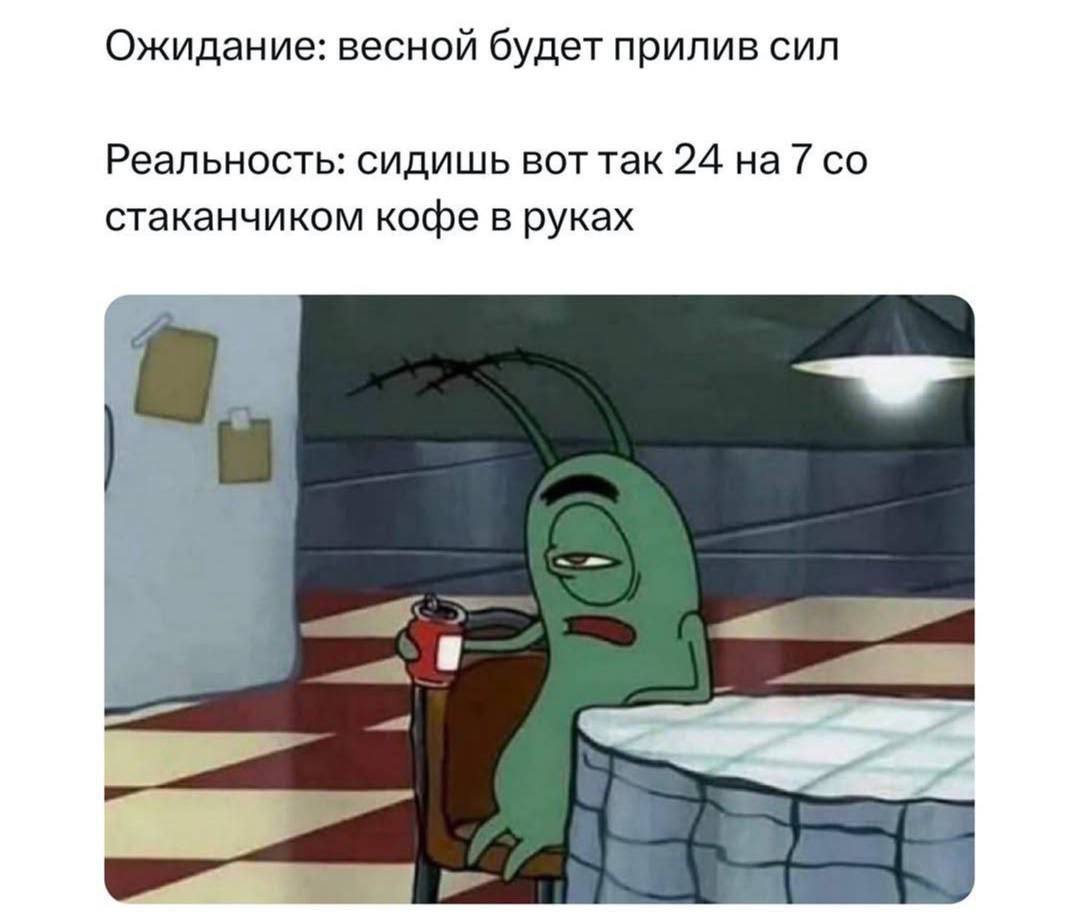 Ожидание: весной будет прилив сил Реальность: сидишь вот так 24 на 7 стаканчиком кофе в руках 4 at