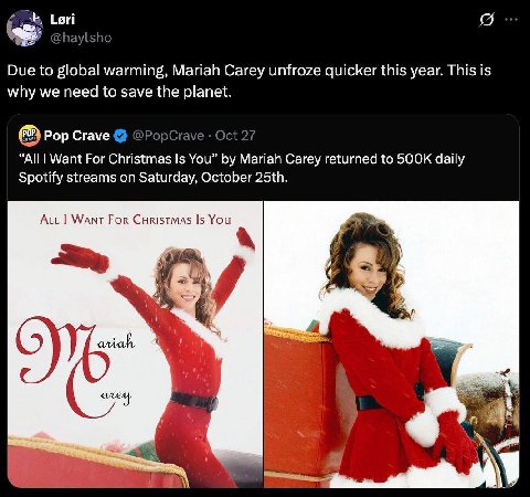 Lori Due to global warming, Mariah Carey unfroze quicker this year. This is why we need to save the planet Pop Crave “All Want For Christmas Is You” Mariah Carey returned to daily Spotify streams on S