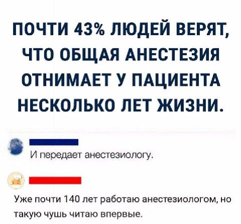 ПОЧТИ 43% ЛЮДЕЙ ВЕРЯТ, ЧТО ОБЩАЯ АНЕСТЕЗИЯ ОТНИМАЕТ У ПАЦИЕНТА НЕСКОЛЬКО ЛЕТ ЖИЗНИ. И передает анестезиологу. Уже почти 140 лет работаю анестезиологом, но такую чушь читаю впервые.