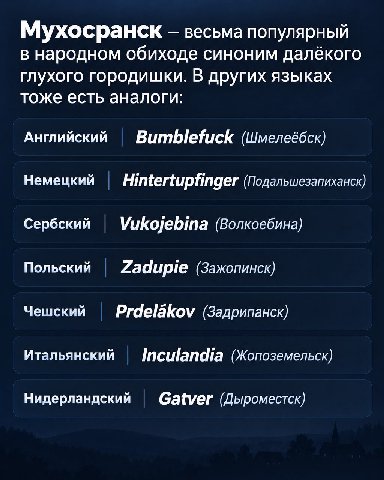 Мухосранск весьма популярный в народном обиходе синоним далёкого глухого городишки. В других языках тоже есть аналоги: Английский Bumblefuck (Шмелеёбск) Немецкий НиегшрИподег (Подальшезапиханск) Сербс