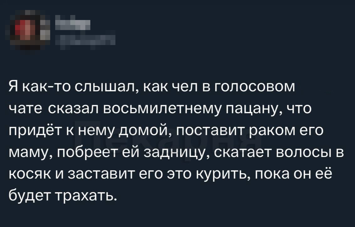 Я как-то слышал, как чел в голосовом чате сказал восьмилетнему пацану, что придёт к нему домой, поставит раком его маму, побреетей задницу, скатает волосы в косяк и заставит его это курить, пока он её