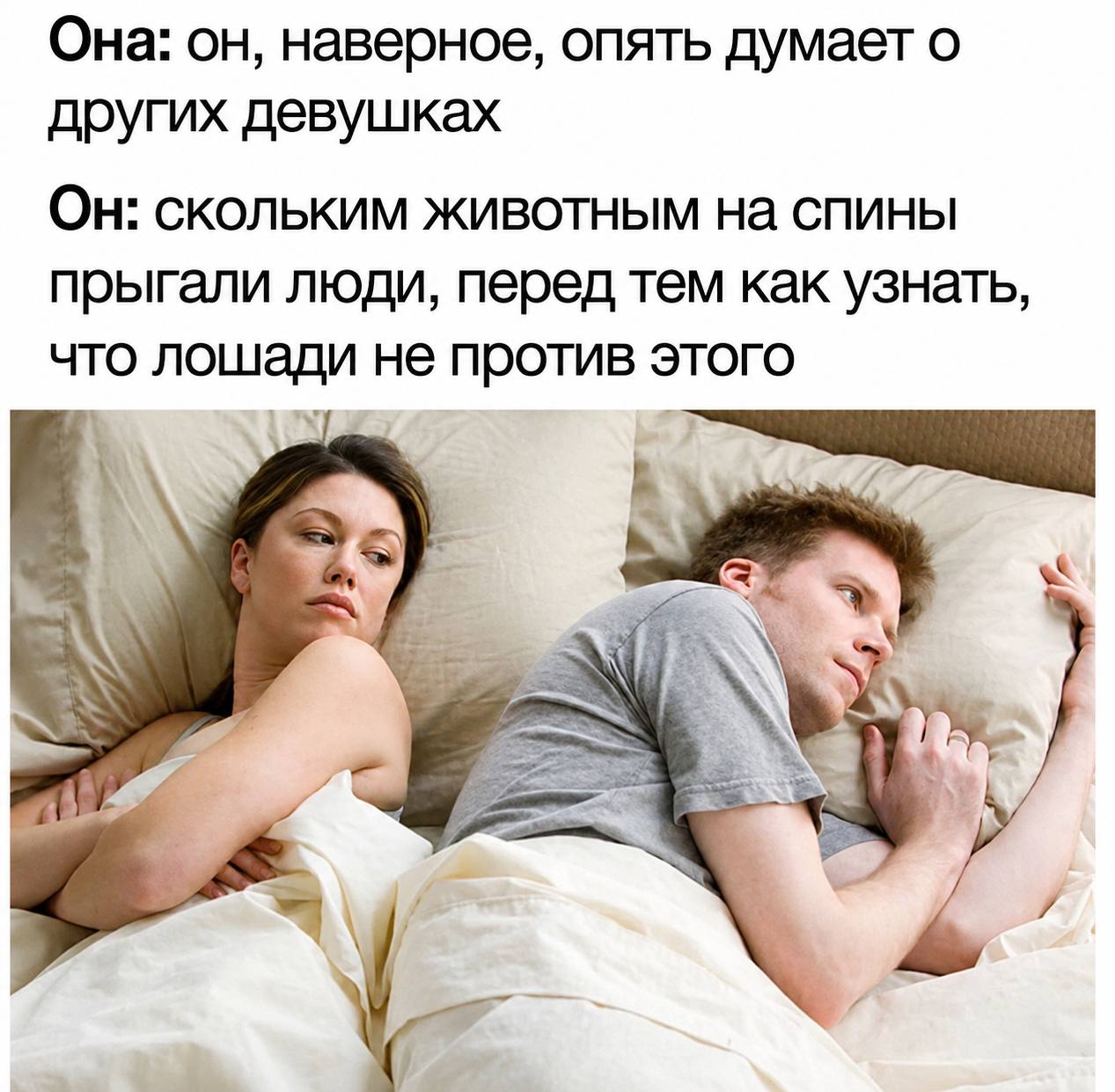 Она: наверное, опять думает о других девушках Он: скольким животным на спины прыгали люди, перед тем как узнать, что лошади не против этого me Я и