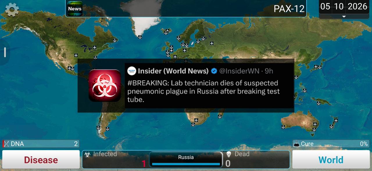 News 05 10 2026 PAX-1 2) А 1 Insider (World News) #BREAKING: Lab technician dies of suspected pneumonic plague in Russia after breaking test tube. 0% Dead World Disease