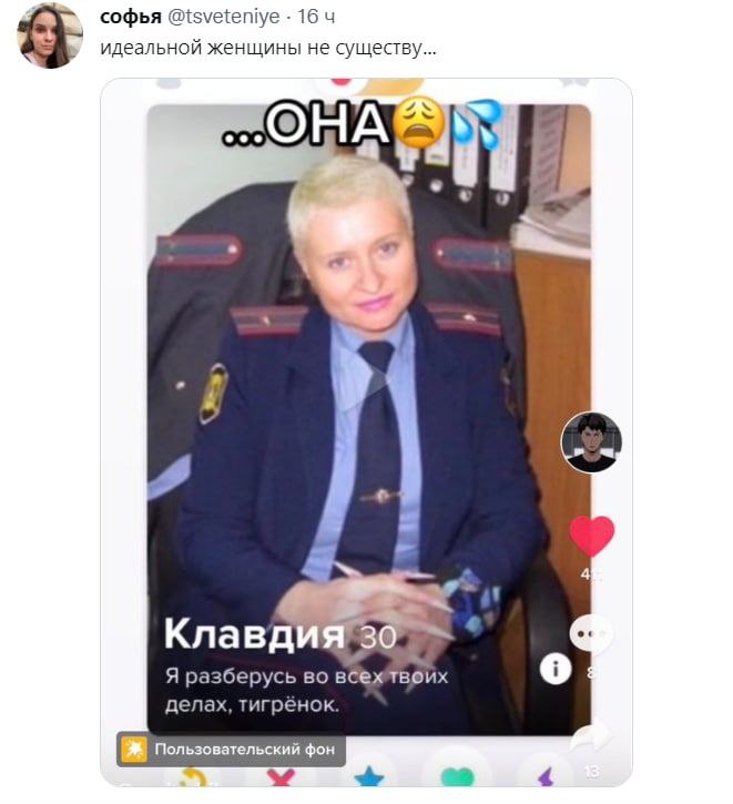 софья @isveteniye 16 идеальной женщины не существу... eee 30 Я разберусь во вбехтвоих делах, тигрёнок. Пользовательский фон 2