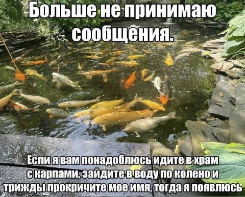 не принимаю понадоблюсь идите карпами, зайдите Воду поколенои трижды прокричите мое имя, тогда я появлюсь
