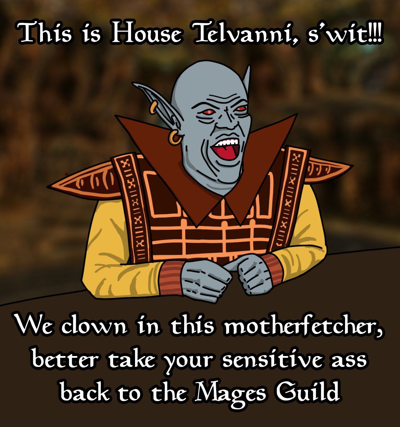 This is House Telvanni, We clown in this motherfetcher, better take your sensitive ass back to the Mages Guild