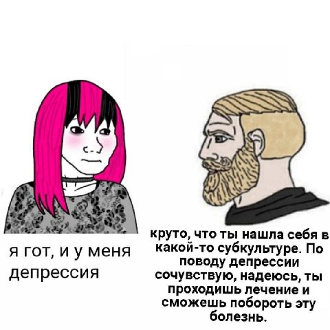круто, что ты нашла себя в я гот, меня какой-то субкультуре. По поводу депрессии депрессия сочувствую, надеюсь, ты проходишь лечение и сможешь побороть эту болезнь.