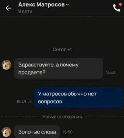 Алекс Матросов 8 Всети Сегодня Здравствуйте, а почему продаете? 15:4 У матросов обычно нет 15:49 вопросов Новые сообщения Золотые слова
