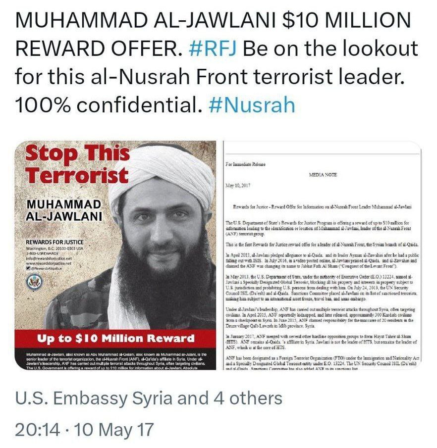MUHAMMAD AL-JAWLANI $10 MILLION REWARD OFFER. #RFJ Be on the lookout for this al-Nusrah Front terrorist leader. 100% confidential. #Nusrah top МЕГА NOTE Mar 10,2017 MUHAMMAD Rewards Front Muhammad AL-