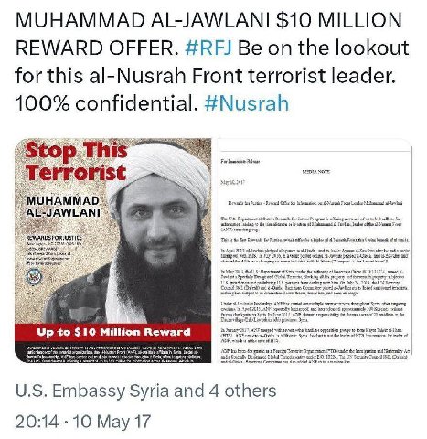 MUHAMMAD AL-JAWLANI $10 MILLION REWARD OFFER. #RFJ Be on the lookout for this al-Nusrah Front terrorist leader. 100% confidential. #Nusrah top МЕГА NOTE Mar 10,2017 MUHAMMAD Rewards Front Muhammad AL-
