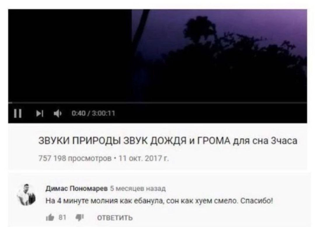 ЗВУКИ ПРИРОДЫ ЗВУК ДОЖДЯ и ГРОМА для сна Зчаса Димас Пономарев 5 На 4 минуте молния как ебанула, сон как хуем смело. Спасибо!