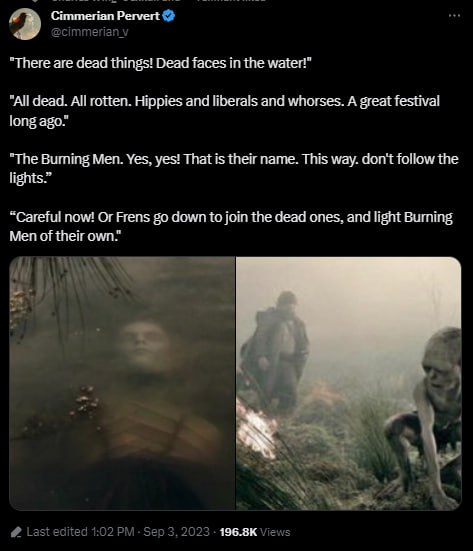 Pervert "There are dead things! Dead faces in the water!" "All dead. All rotten. Hippies and liberals and whorses. A great festival long ago. "The Buming Men. Yes, yes! That is their name. This way. d