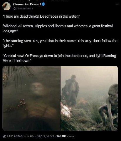 Pervert "There are dead things! Dead faces in the water!" "All dead. All rotten. Hippies and liberals and whorses. A great festival long ago. "The Buming Men. Yes, yes! That is their name. This way. d