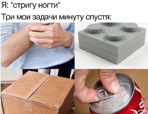 Я: *стригу ногти Три мои задачи минуту спустя:
