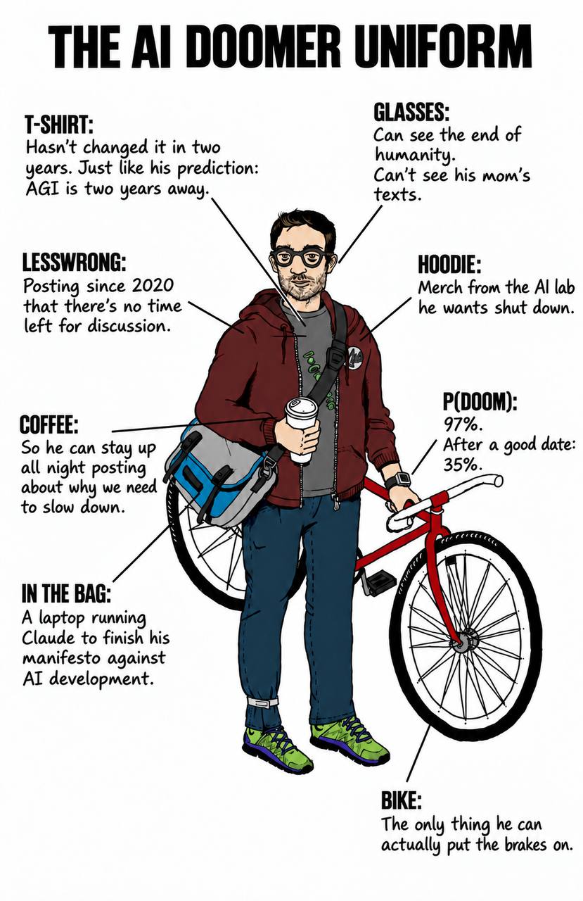 THE DOOMER UNIFORM GLASSES: T-SHIRT: Can see the end of Hasn't changed it in two humanity. years. Just like his prediction: see his mom’s AGI is two years away. texts. LESSWRONG: HOODIE: Merch from th