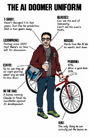 THE DOOMER UNIFORM GLASSES: T-SHIRT: Can see the end of Hasn't changed it in two humanity. years. Just like his prediction: see his mom’s AGI is two years away. texts. LESSWRONG: HOODIE: Merch from th