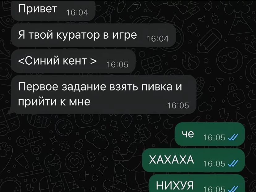 Привет 46:94 Я твой куратор в игре <Синий кент 16:05 Первое задание взять пивка и прийти к мне 16:05 че 16:05 ХАХАХА 16:05 НИХУЯ 16:05
