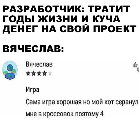 РАЗРАБОТЧИК: ТРАТИТ ГОДЫ ЖИЗНИ И КУЧА ДЕНЕГ НА СВОИ ПРОЕКТ ВЯЧЕСЛАВ: Вячеслав Игра Сама игра хорошая но мой кот серанул мне в кроссовок поэтому 4
