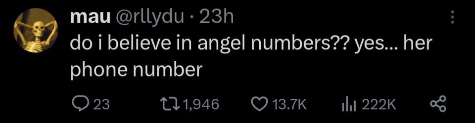 mau @rllydu believe in angel numbers?? yes... her phone number 23 111,946