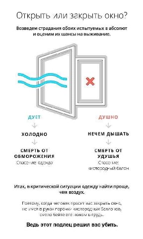 Открыть или закрыть окно? Возведем страдания обоих испытуемых в абсолют и оценим шансы на выживание. В ДУЕТ AYWHO ХОЛОДНО НЕЧЕМ ДЫШАТЬ СМЕРТЬ ОТ СМЕРТЬ ОТ ОБМОРОЖЕНИЯ УДУШЬЯ Спасение: одежда Спасение: