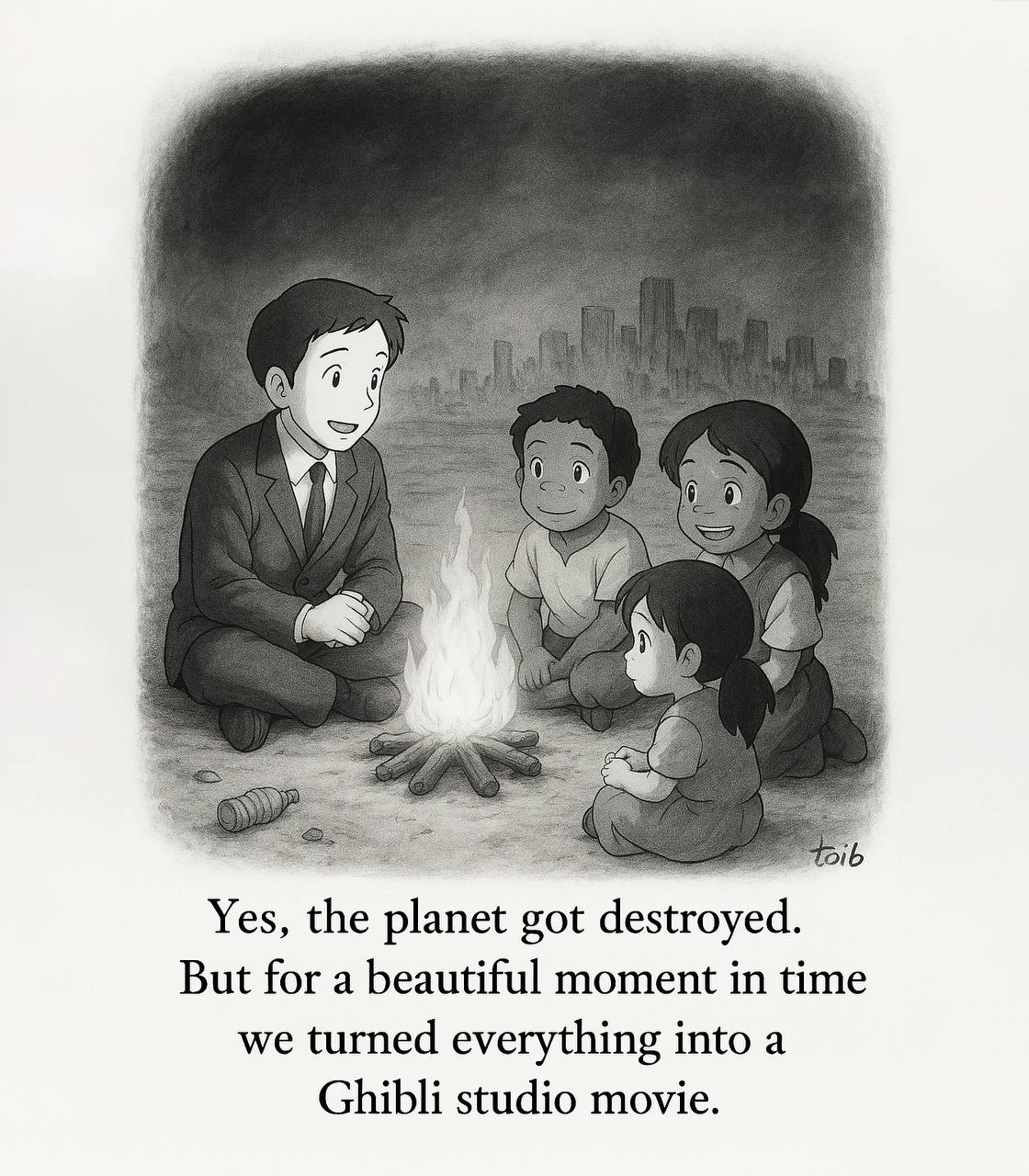 4 4 Yes, the planet got destroyed. But for a beautiful moment in time we turned everything into a Ghibli studio movie.