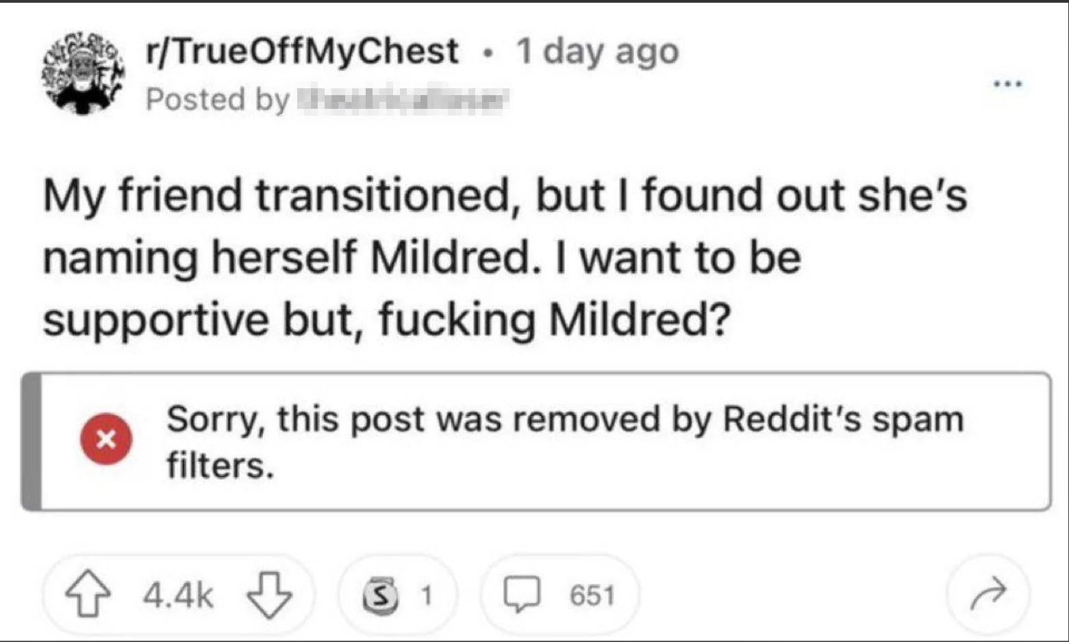 r/TrueOffMyChest 1 day ago У Posted i My friend transitioned, but found out she’s naming herself Mildred. want to be supportive but, fucking Mildred? Sorry, this post was removed Reddit's spam filters