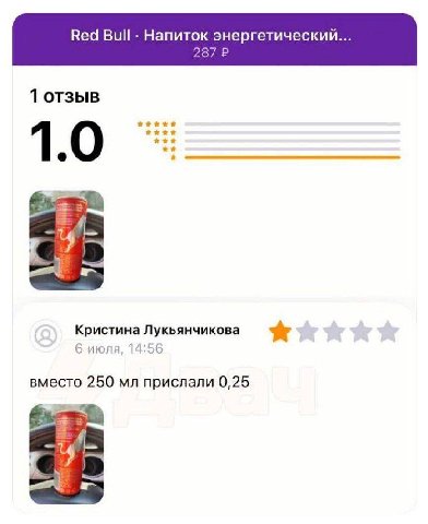 Вед Напиток энергетический... 287 1 отзыв 71 3 Кристина Лукьянчикова 6 июля, 14:56 вместо 250 прислали 0,25