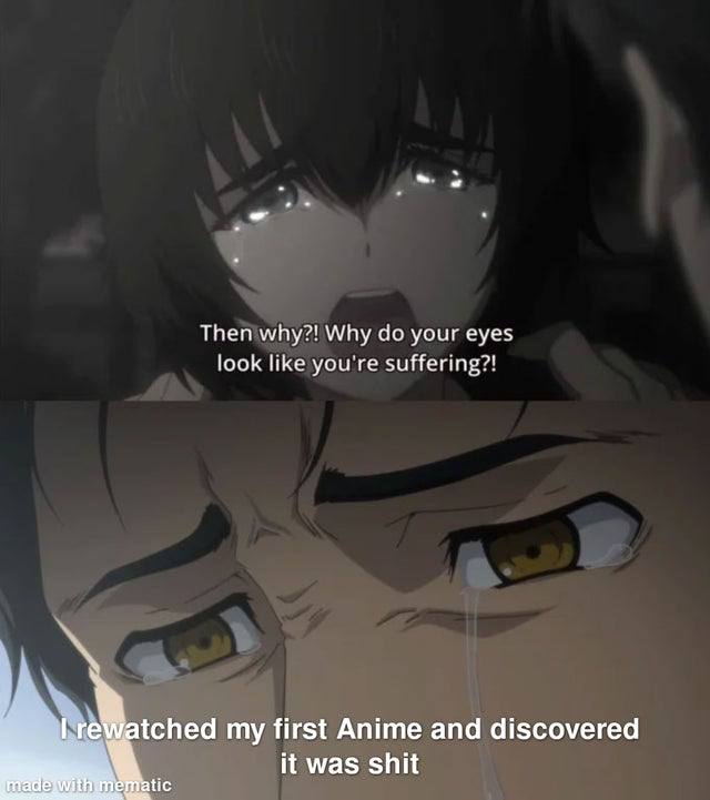 Then why?! Why your eyes look like you're suffering?! watched my first Anime and discovered it was shit