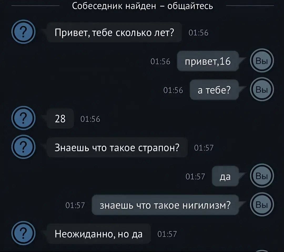 Собеседник найден общайтесь Привет, тебе сколько лет? 01:56 01:56 привет,16 01:56 а тебе? 0126 28 Знаешь что такое страпон? 01:57 01:57 да 01:57 знаешь что такое нигилизм? 01:57 Неожиданно, но да