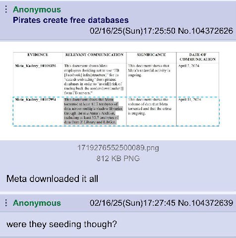 Anonymous Pirates create free databases 02/16/25(Sun)17:25:50 No.104372626 EVIDENCE RELEVANT COMMUNICATION SIGNIFICANCE DATE OF COMMUNICATION Meta_Kadrey_00108336 This document shows Meta document sho