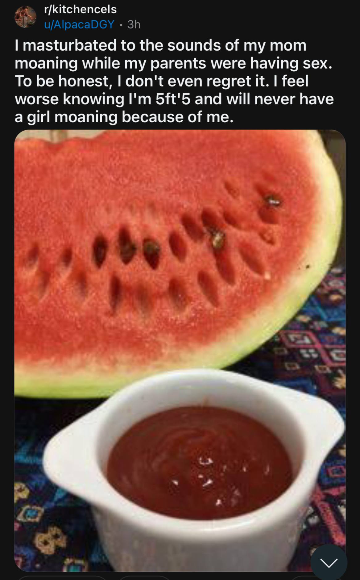 r/kitchencels masturbated to the sounds of my mom moaning while my parents were having sex. To be honest, don't even regret it. feel worse knowing and will never have a girl moaning because of me.