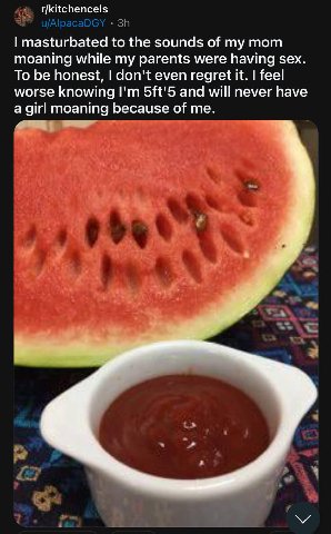 r/kitchencels masturbated to the sounds of my mom moaning while my parents were having sex. To be honest, don't even regret it. feel worse knowing and will never have a girl moaning because of me.