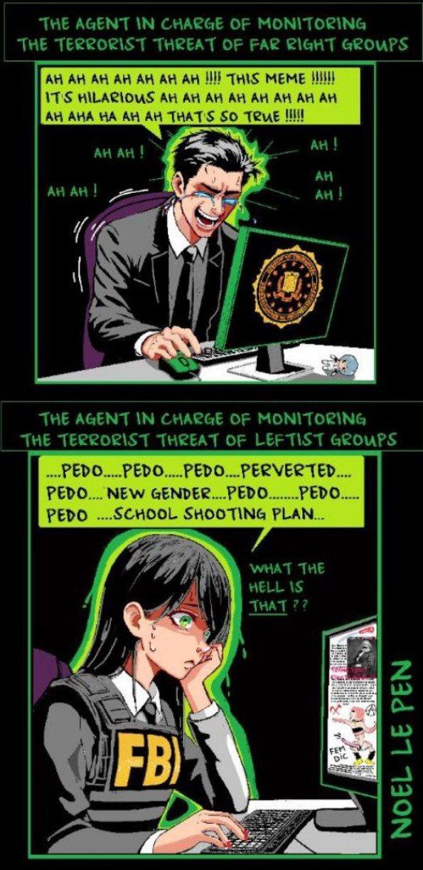 THE AGENT IN CHARGE OF MONITORING THE TERRORIST THREAT OF FAR RIGHT THIS MEME IT'S HILARIOUS АНА THATS SO ТемЕ А At <4 THE AGENT IN CHARGE OF MONITORING THE TERRORIST THREAT OF LEFTIST PEDO PEDO.... P